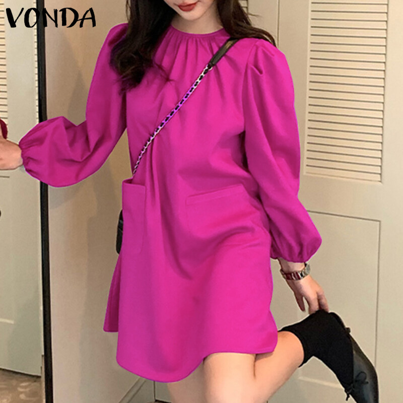 VONDA Womens O Neck Shirt Dress Long Sleeve Elegant Retro Sundress Holiday Dress (Korean Causal)