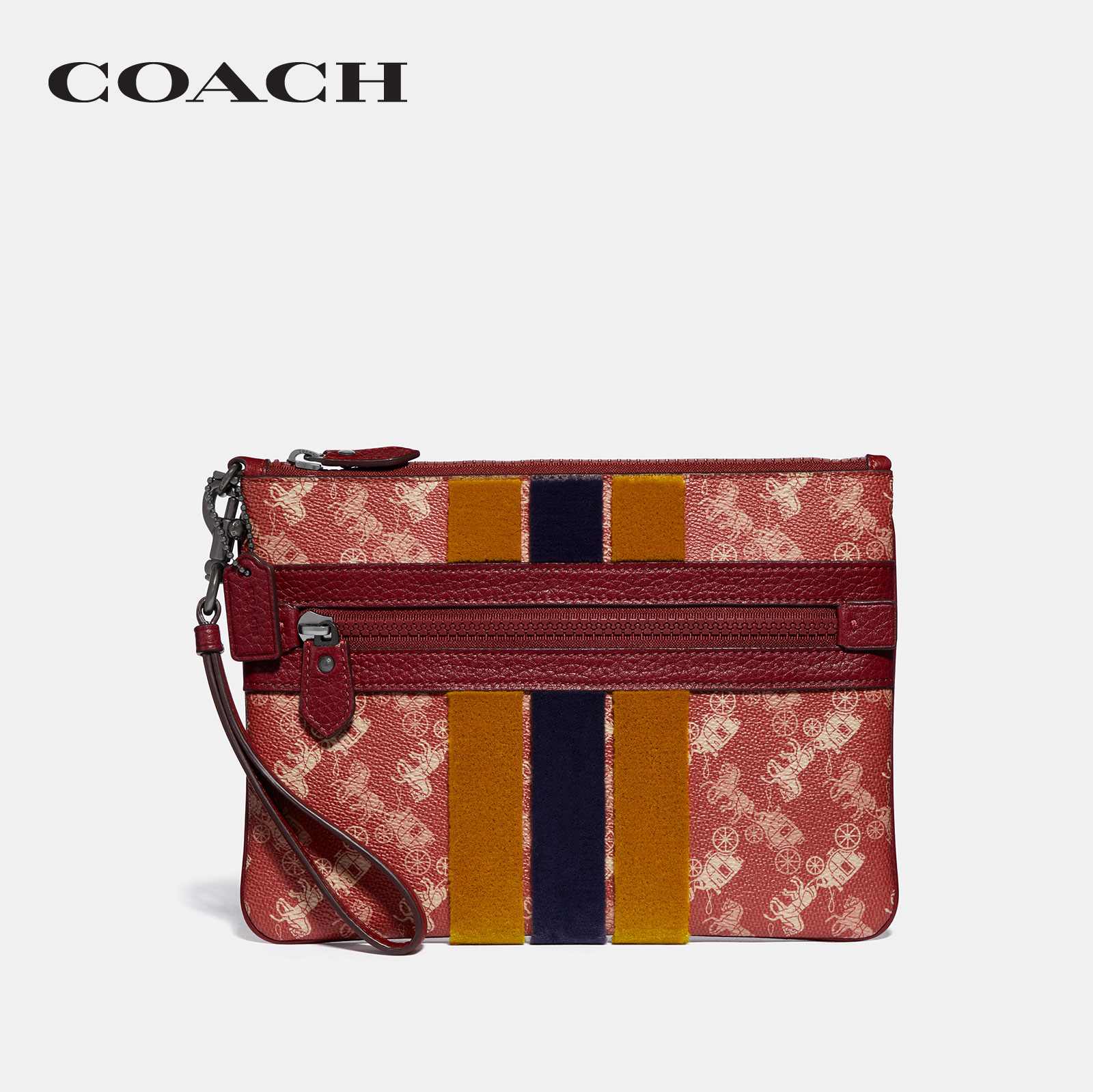 COACH WOMENS LARGE FRONT ZIP WRISTLET WITH HORSE AND CARRIAGE PRINT AND VARSITY STRIPE