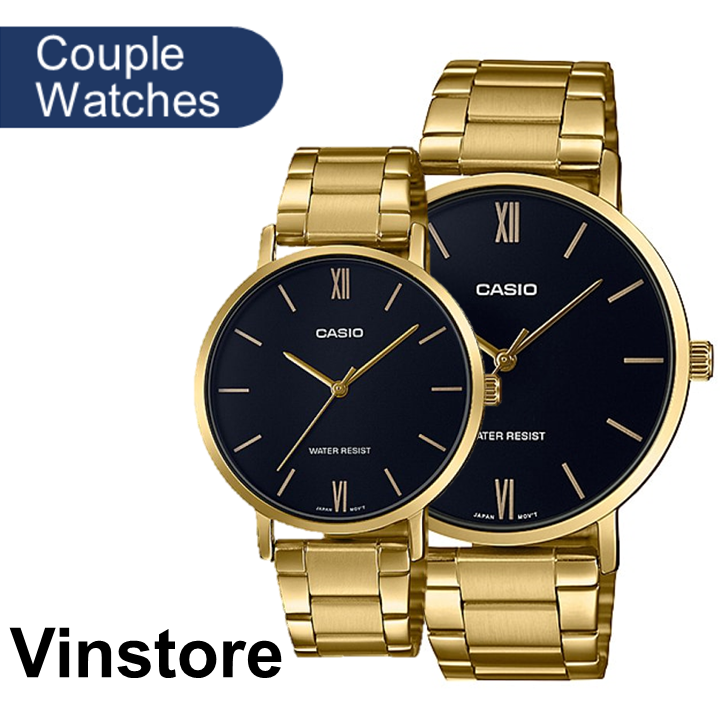 [Vinstore] Casio Couple Watch Set Gold Tone Stainless Steel Black Dial Men Women Watch LTP-VT01G-1B MTP-VT01G-1B