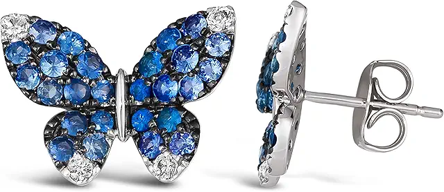 Le Vian 1 2/5 Carat White and Blue Sapphire Butterfly Stud Earrings for Women I 14k White Gold Earrings for Her 