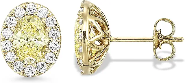 IGI Certified 2 Carat Lab Grown Diamond Stud Earrings for Women I 14k Yellow Gold Oval Halo Earrings for Her