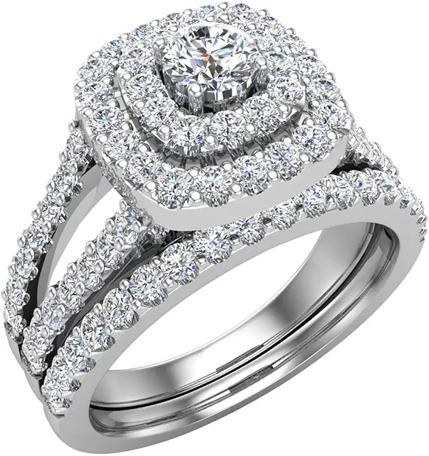 Cushion Shape Wedding Rings Set Diamond Bridal Sets Double Halo Style 1.10 ctw