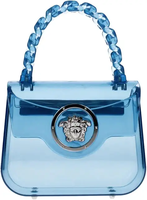 Versace Medusa Women’s Mini Transparent Blue PVC Handbag – Flap Closure, Top Handle & Shoulder Strap