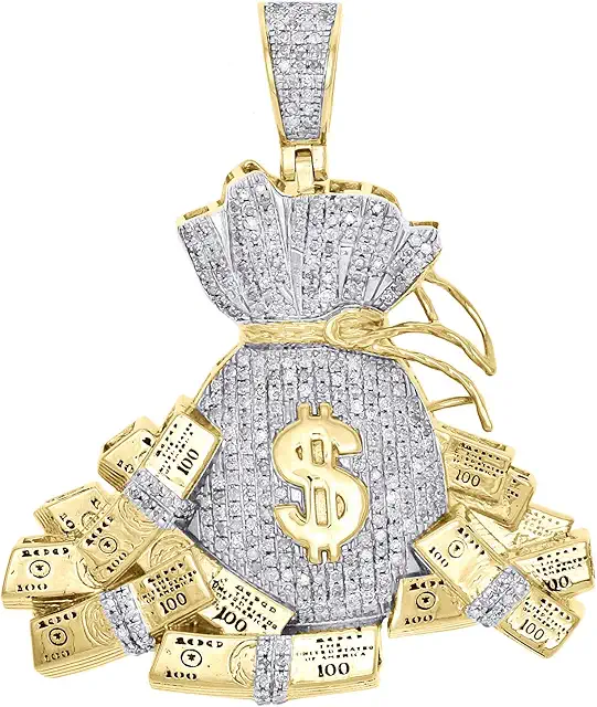 TGDJ 10K Yellow Gold Diamond Money Bag Pendant - 100 Dollar Stacks Pendant for Men - 1.85" Charm 0.97 CT with Real Diamond