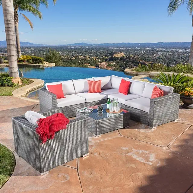 Santa Rosa Outdoor Wicker 6-Seater Sectional Sofa Set with Aluminum Frame and Water Resistant Cushions, 7-Pcs Set