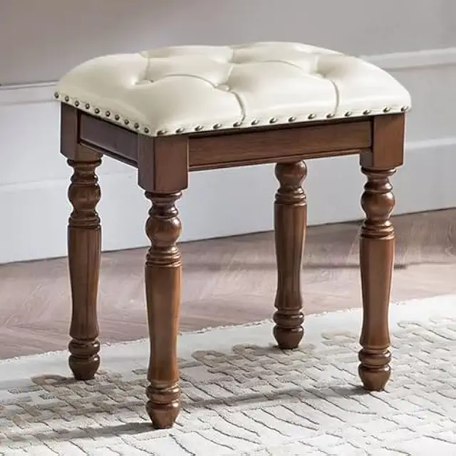 European Style Padded Makeup Stool, Faux Leather Vanity Chair with Wood Legs, Blue & Walnut Accent