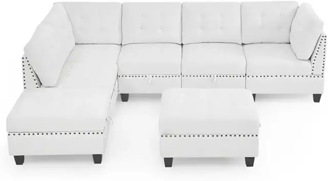 L Shape Modular Sectional Sofa,DIY Combination,Includes Three Single Chair,Two Corner and Two Ottoman,Ivory Chenille